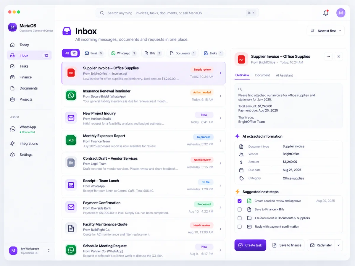 AI-assisted operations inbox inside Operations Command Center